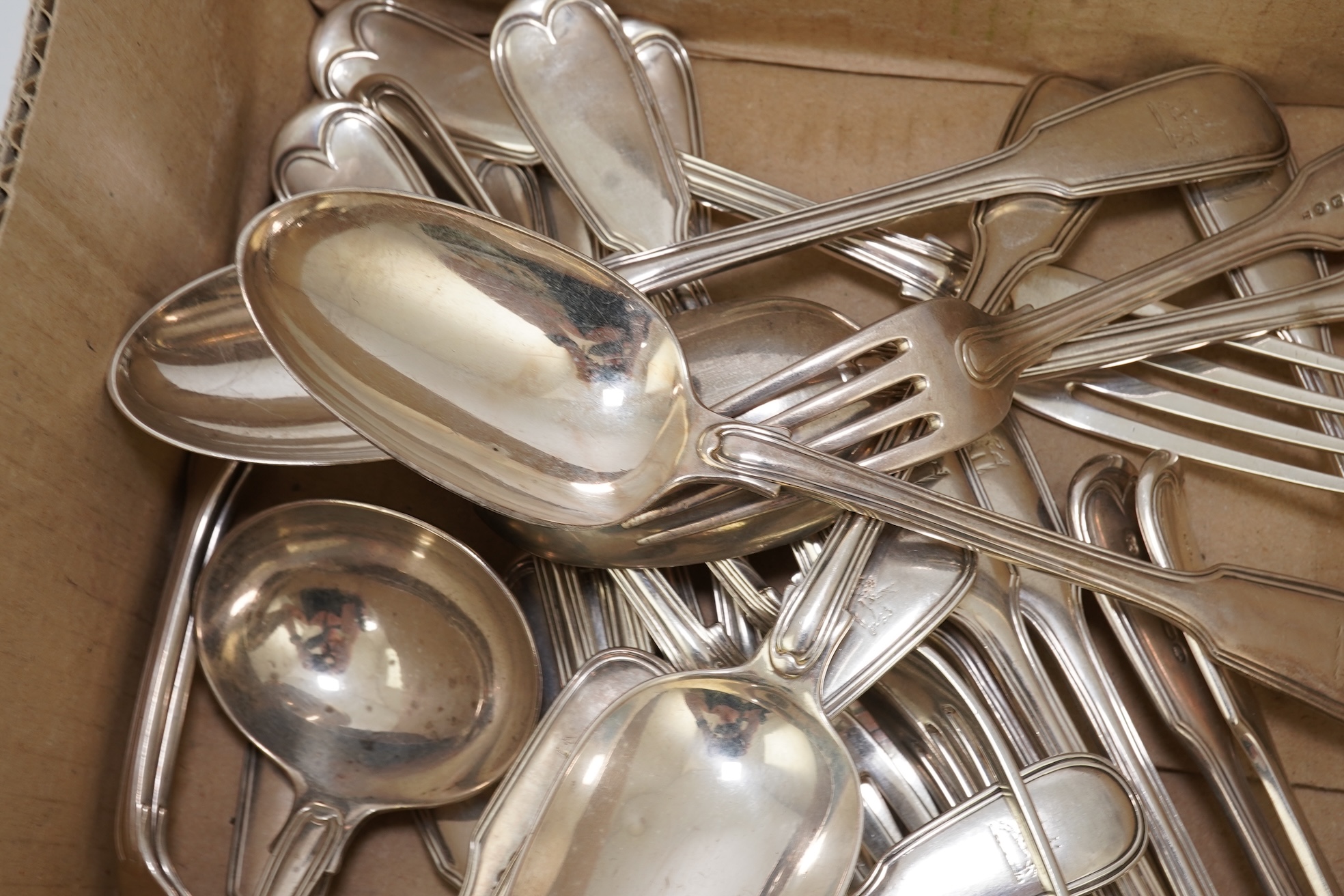 A part canteen of Victorian silver double struck fiddle and thread pattern flatware, by George Adams